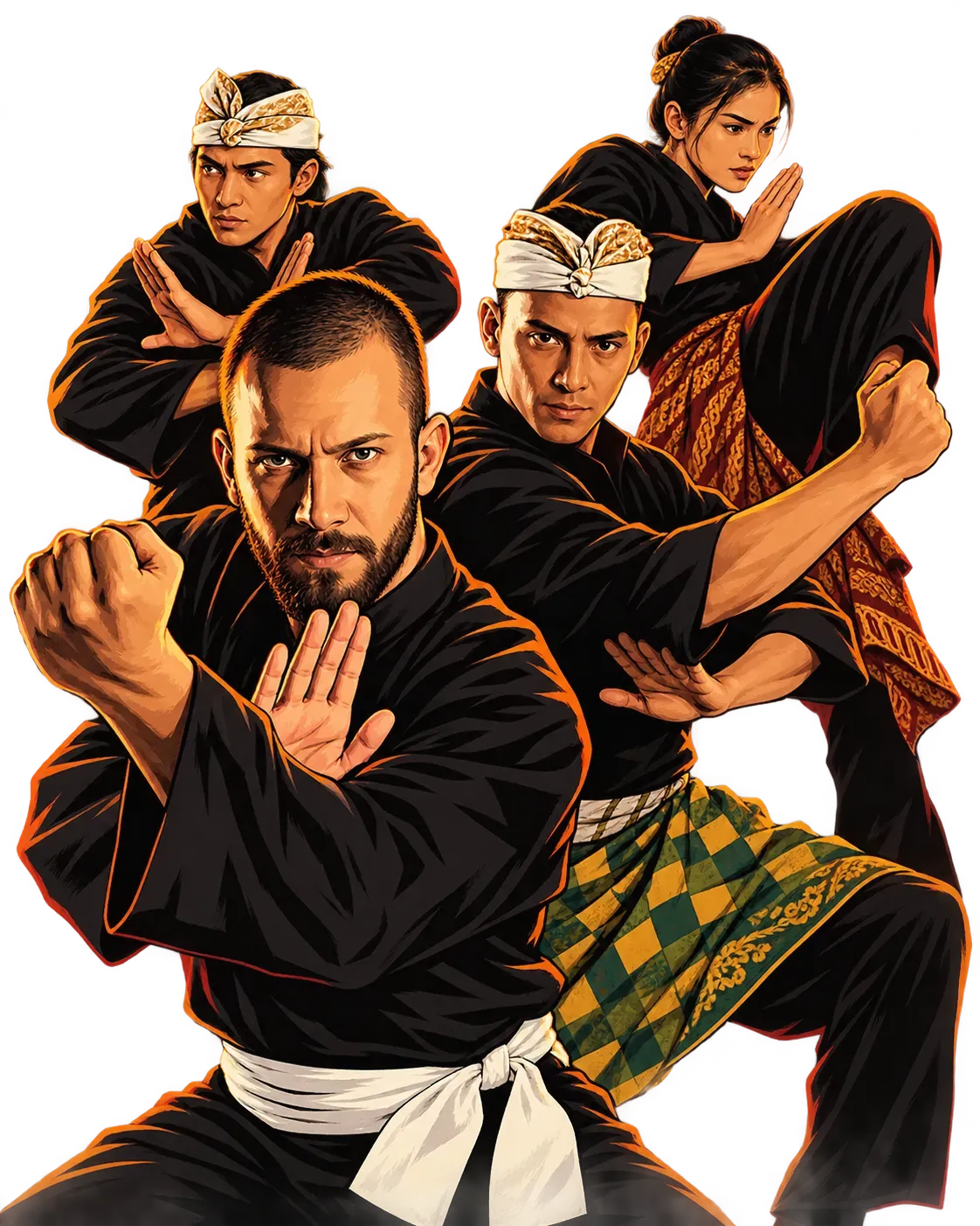 Vier illustratieve beoefenaars van Pencak Silat in verdedigingshoudingen
